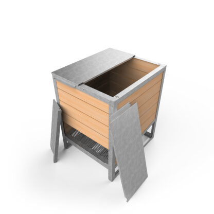 EKOVORE individual composter with open doors. The rodent grid can be seen here