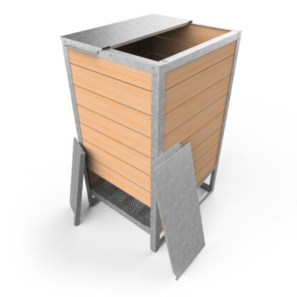 EKOVORE individual composter with open doors. The rodent grid can be seen here