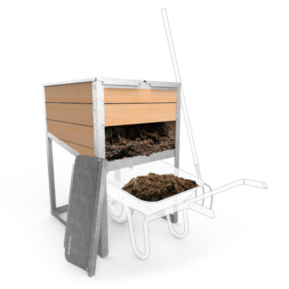 Composteur individuel EKOVORE avec porte de façade ouverte pour la distribution du compost dans une brouette