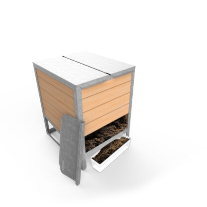 EKOVORE individual composter with open front door for distributing compost in a planter