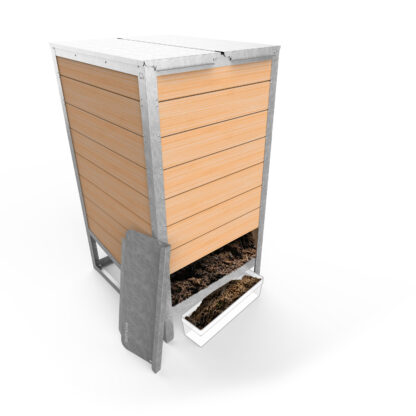 EKOVORE individual composter with open front door for distributing compost in a planter
