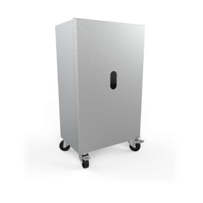 Back view of the uritrotteur, mobile dry urinal in stainless steel