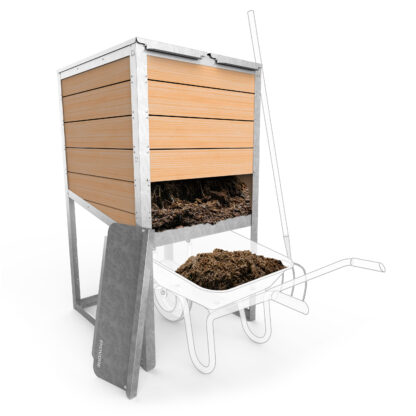 Composteur individuel EKOVORE avec porte de façade ouverte pour la distribution du compost dans une brouette