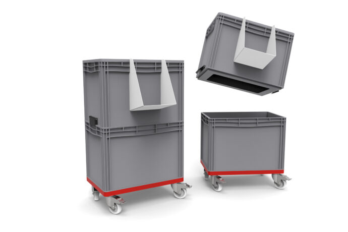 Uritrotteur-PP | Urinoir mobile | Illustration de face avec désassemblage de la caisse haute et la caisse basse