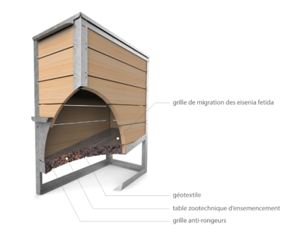 Individual composter EKOVORE 275L-110 | A cross-section of the composter shows the living soil contained in the living table.