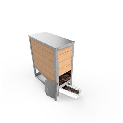 EKOVORE individual composter with open front door for distributing compost in a planter