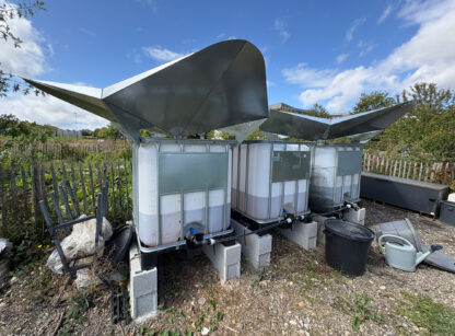 Cuves IBC installées en série avec toitures en acier galvanisé pour la collecte d’eau de pluie, entourées d’un jardin et de bacs de récupération.
