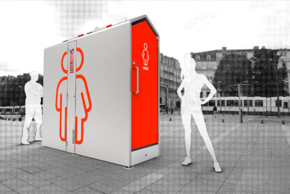 Uritrottoir MIXT | L'uritrottoir mixt est un uritrottoir cabine inclusif qui propose un urinoir féminin et un urinoir masculin | Uritrottoir contextualisé dans une rue à Nantes