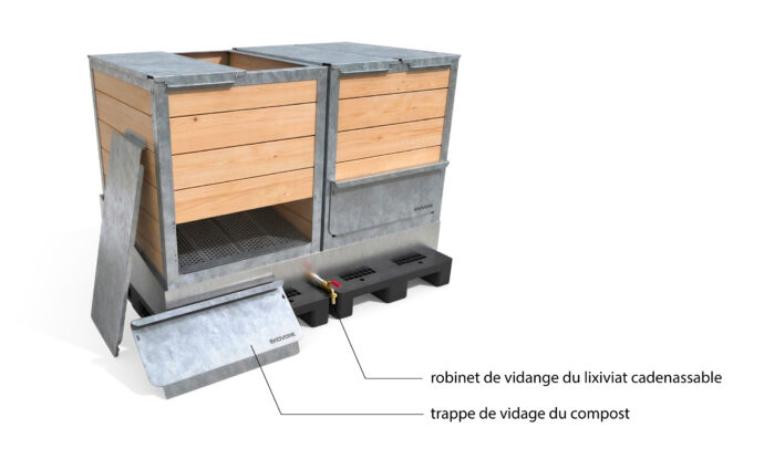 Illustration de deux cellules de compostage pour toilettes sèches avec trappe ouverte, couvercle supérieur et robinet de vidange des lixiviats