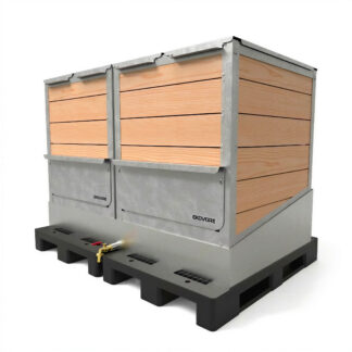 Composteur hors-sol pour toilettes sèches sur fond blanc avec deux cellules et bac inox de collecte des lixiviats