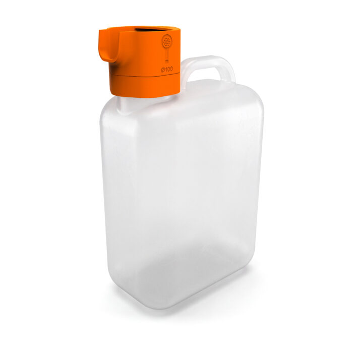 GLOOP, entonnoir orange pour récupérer l’eau froide de la douche dans un bidon de 16 litres
