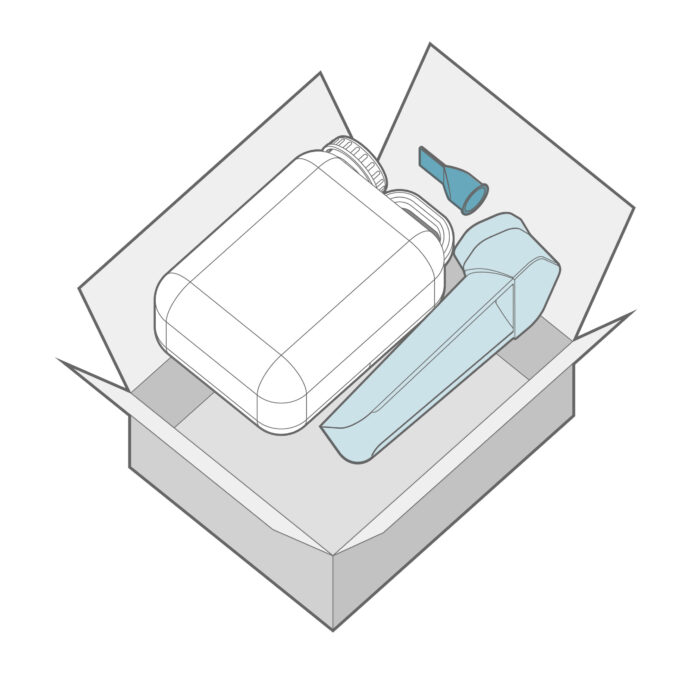 Contenu du colis SUPERFERTIL Femme avec bidon, couvercle, urinoir et membrane élastomère