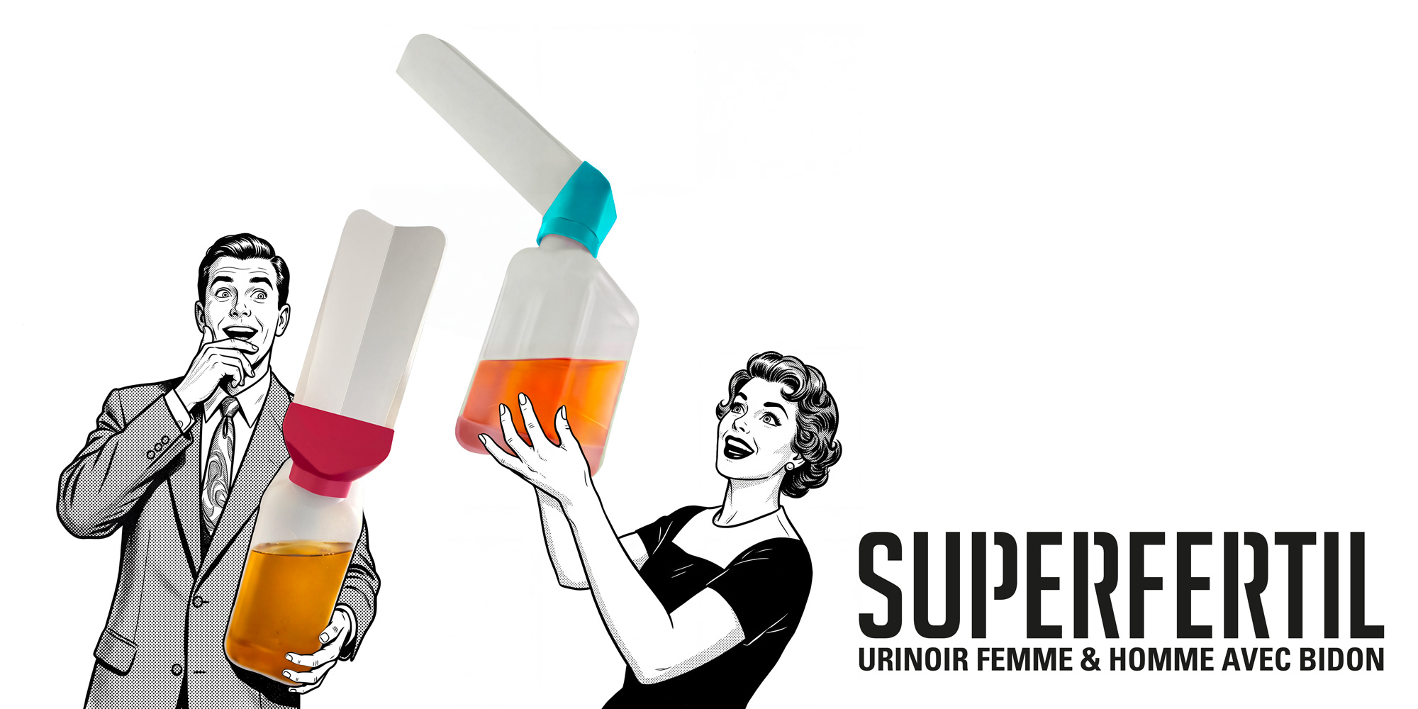 Une réclame illustrée pour l’urinoir SUPERFERTIL : un homme découvre les économies d’eau et une femme le potentiel de l’urine pour fertiliser le jardin.